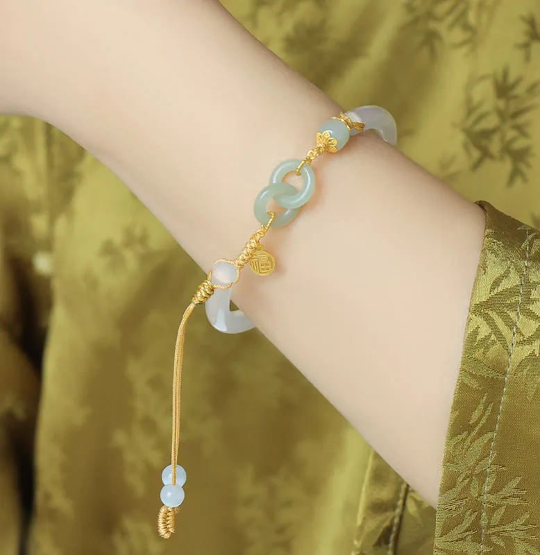 Mythstone 925 Sterling Silver Natural White Agate Hetian Jade Double Peace Buckle Fu Character Bracelet Bangle - Image 5