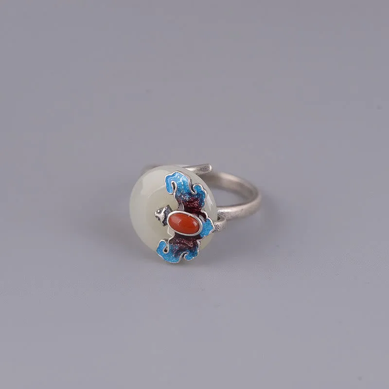 Mythstone 925 Sterling Silver Hetian Jade Red Agate Bat Prosperity Ring Earrings Set - Image 14