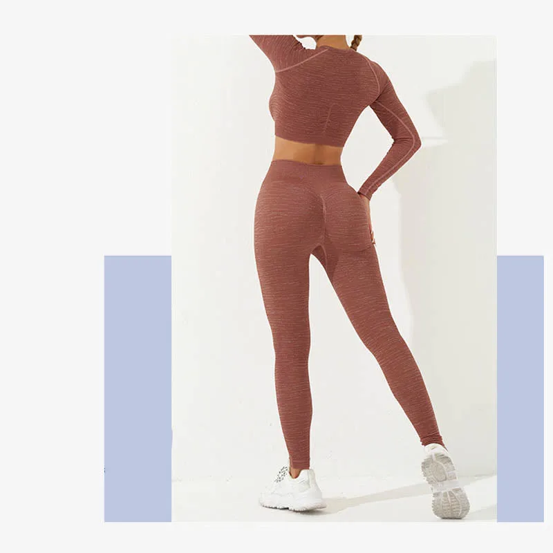 Mythstone 2Pcs Simple Print Crop Tank Bra Long Sleeve Top Leggings Pants Sports Outfits Women's Yoga Sets - Image 30