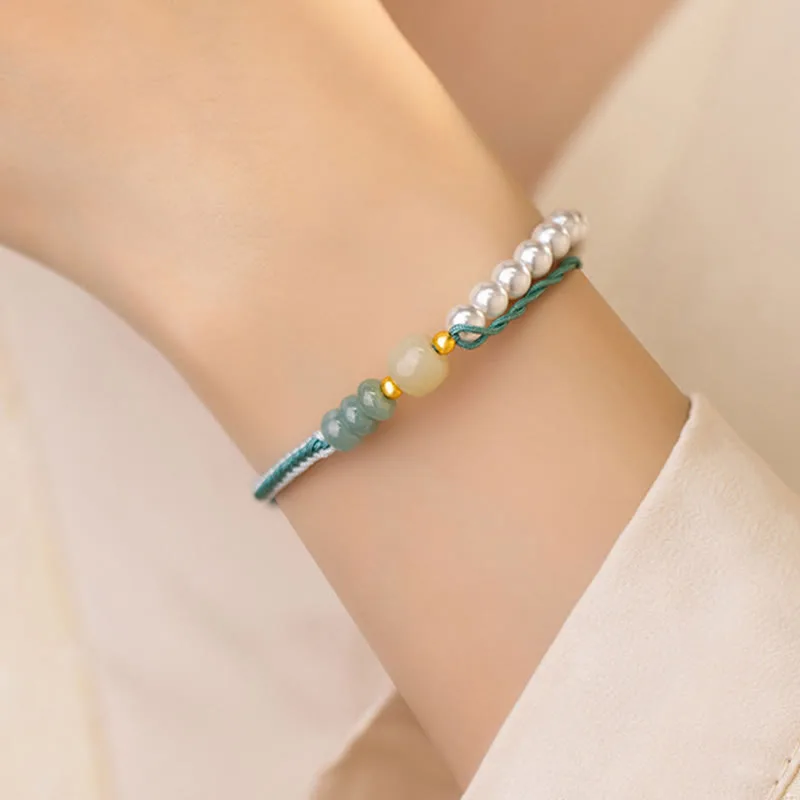 Mythstone 925 Sterling Silver Hetian Jade Braided Rope Pearl Abundance Bracelet - Image 5