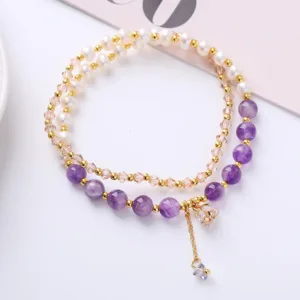 Mythstone Natural Amethyst Aquamarine Strawberry Quartz Pearl Peace Healing Double Wrap Bracelet