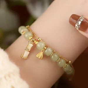 Mythstone Natural Hetian Jade Prosperity Lotus Bamboo Charm Bracelet