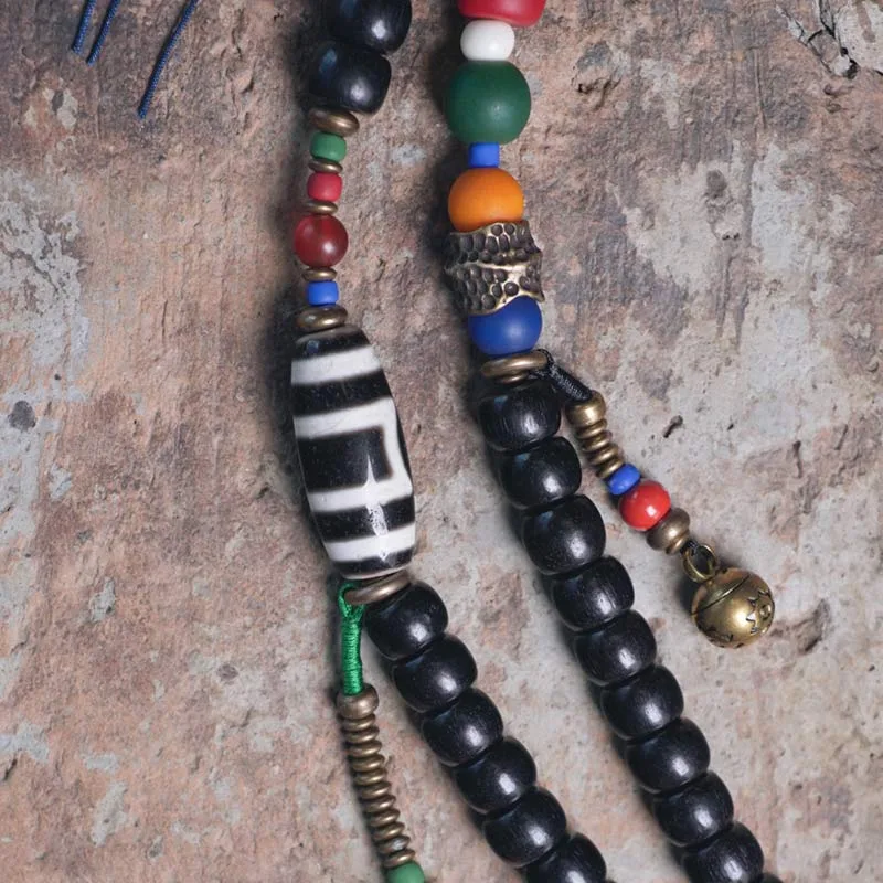 Mythstone 108 Beads Mala Ebony Wood Dzi Bead Copper Balance Tassel Bracelet - Image 9