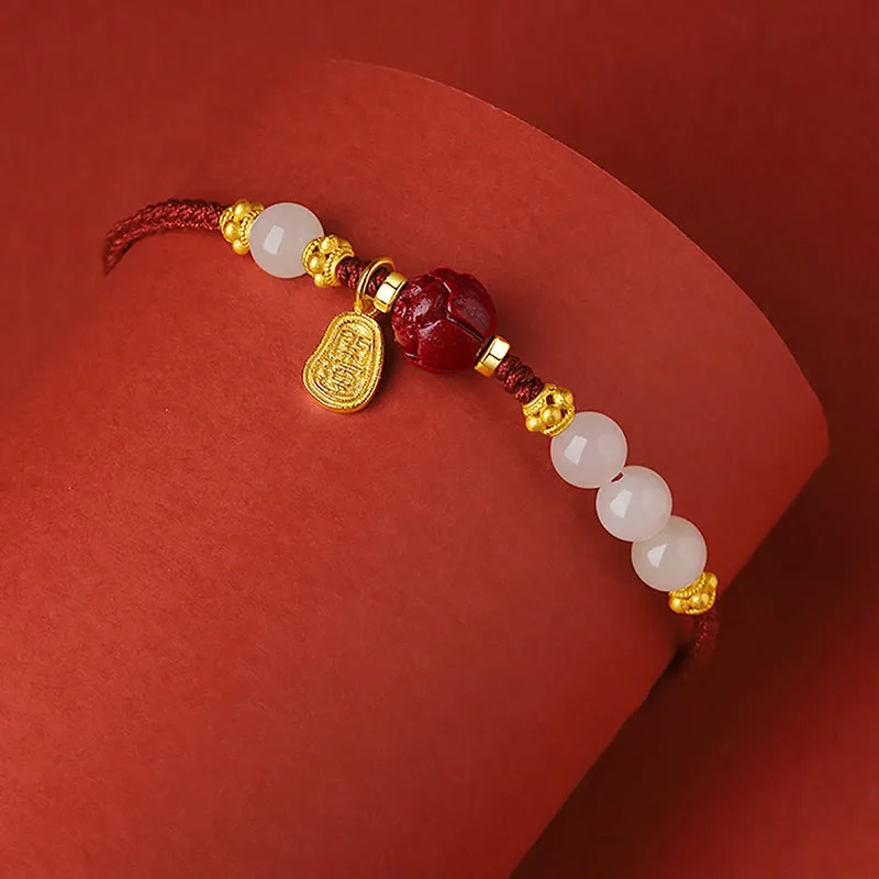 Mythstone 24K Gold Plated Hetian White Jade Cinnabar Lotus Luck Rope Bracelet - Image 3