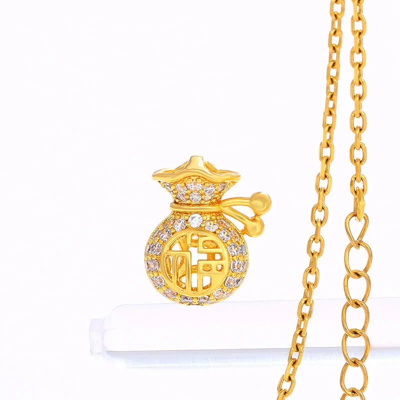 24K Gold Plated Fu Character Fortune Money Bag Necklace Pendant - Image 5