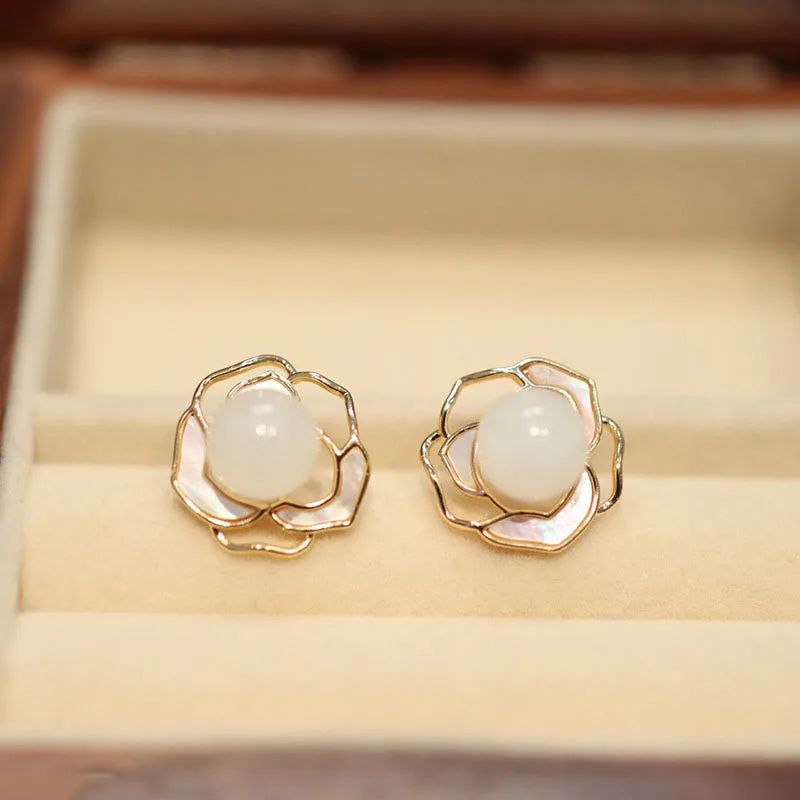 Mythstone 925 Sterling Silver Plated Gold Posts Hetian White Jade Tridacna Stone Camellia Flower Luck Necklace Pendant Ring Earrings - Image 6