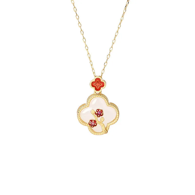Mythstone 24K Gold Plated White Jade Four Leaf Clover Plum Blossom Luck Necklace Pendant Earrings - Image 5