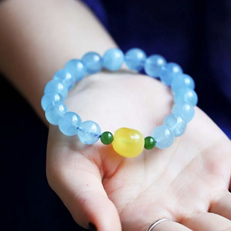 Natural Aquamarine Amber Beads Serenity Healing Bracelet - Image 5
