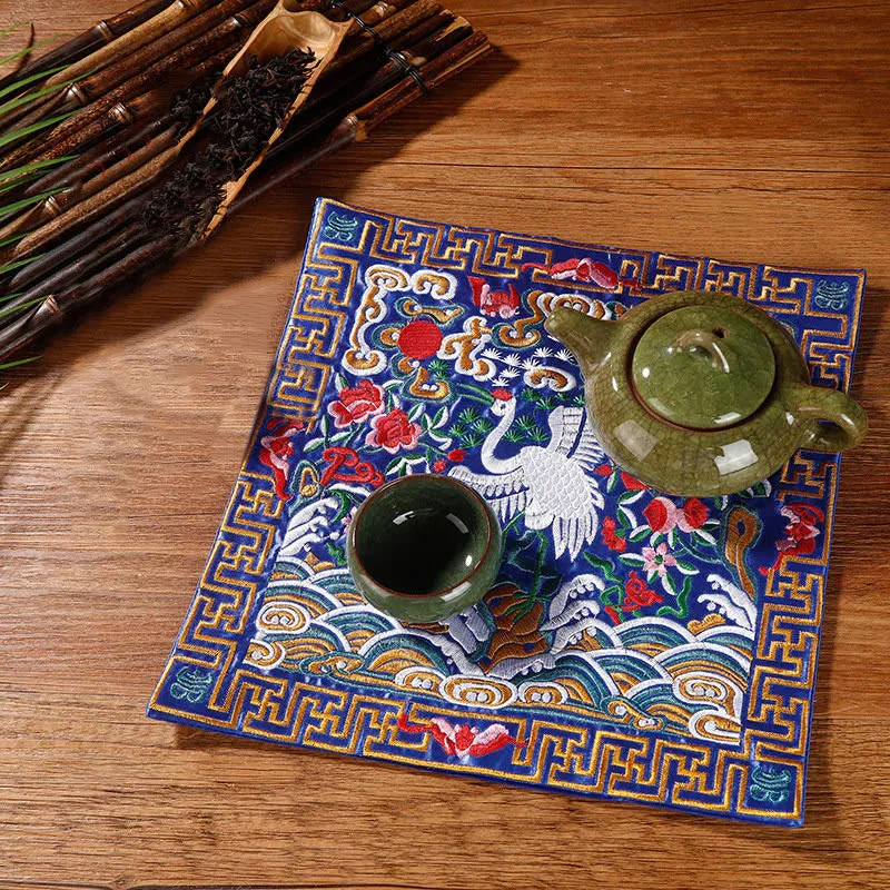 Mythstone Crane Phoenix Dragon Kirin Embroidered Cup Mat Pad Tea Cup Coaster Square Kung Fu Tea Mat