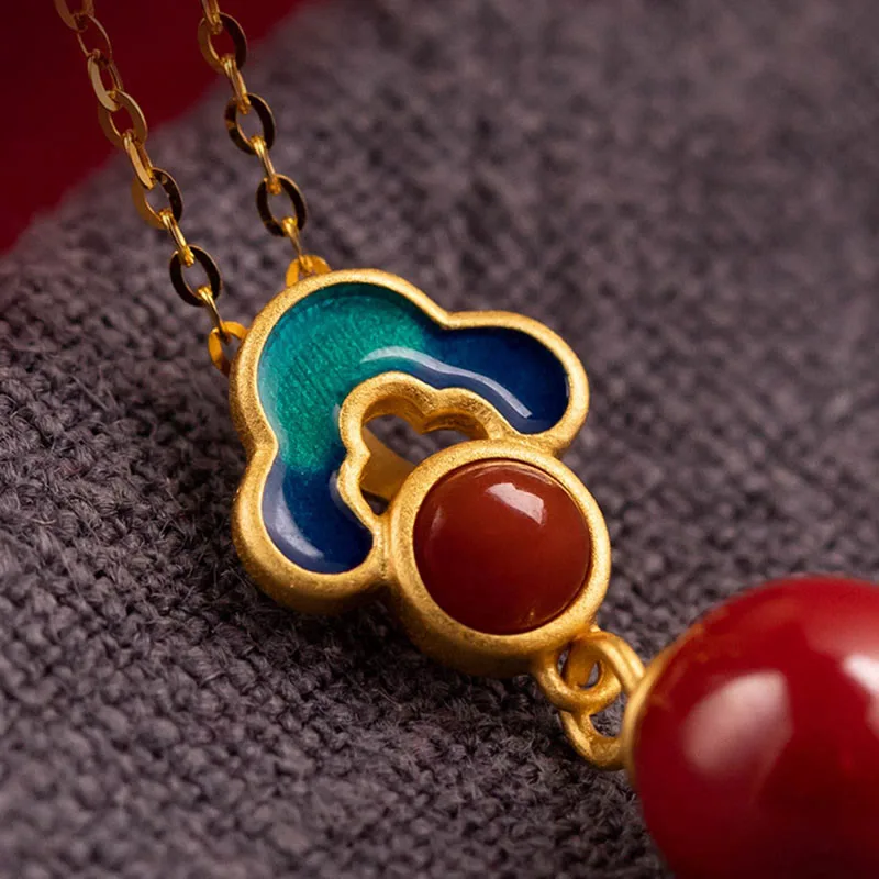 Mythstone 925 Sterling Silver Plated Gold Cinnabar Red Agate Blessing Necklace Pendant Earrings Ring Set - Image 9