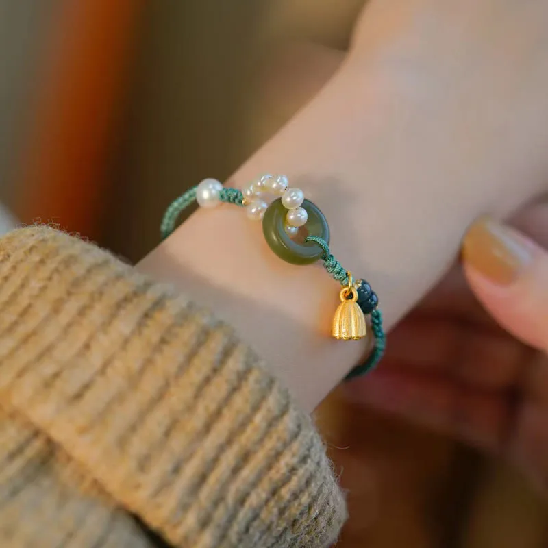 Mythstone Natural Hetian Jade Peace Buckle Pearl Luck Handcrafted Braided Bracelet - Image 7