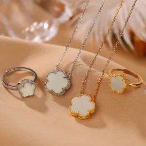 Mythstone 925 Sterling Silver Plated Gold Natural Hetian Jade Flower Luck Necklace Pendant Ring Set