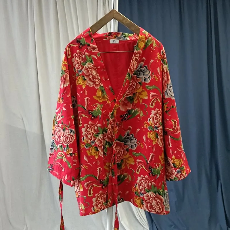 Mythstone Ethnic Style Northeast Red Flower Peony Print Cotton Linen Lace Up Jacket - Image 15