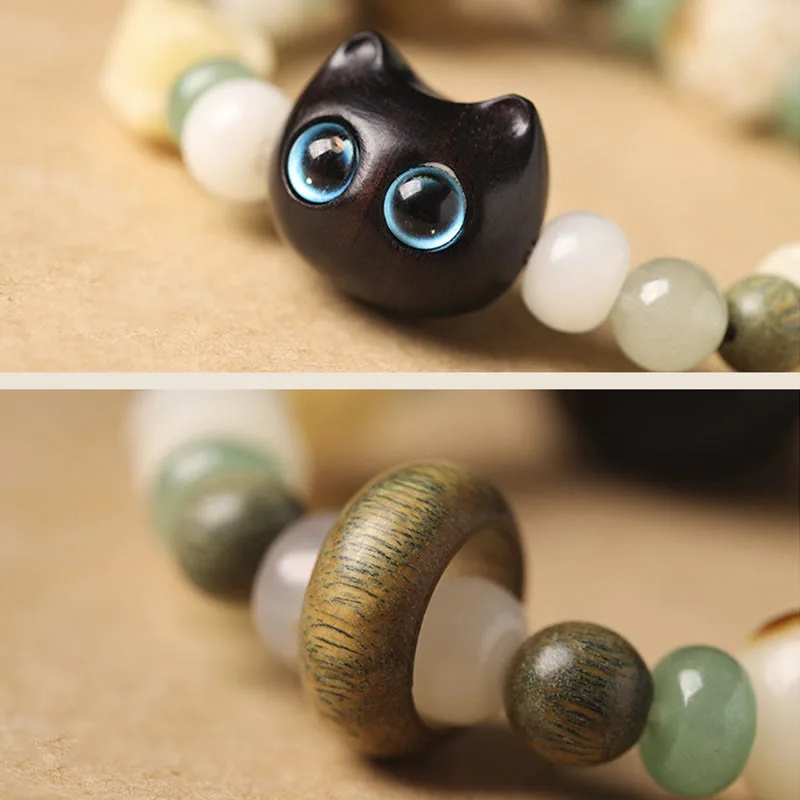 Mythstone Bodhi Seed Green Sandalwood Ebony Wood Small Leaf Red Sandalwood Cat Head Paw Claw Peace Bracelet - Image 5