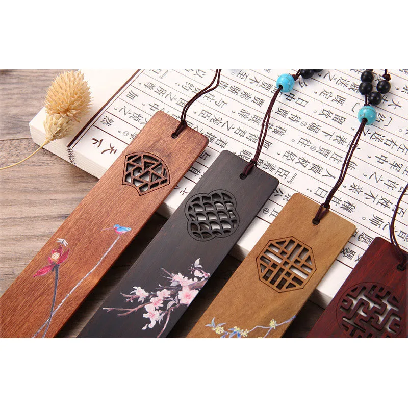 Mythstone 4Pcs Four Seasons Plum Orchid Bamboo Chrysanthemum Peking Opera Mask Wood Bookmarks With Gift Box - Image 11