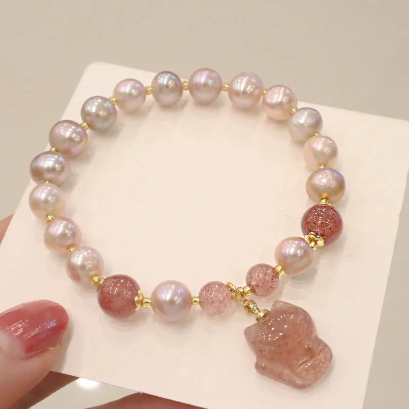 Mythstone Natural Pearl Strawberry Quartz Cute Fox Love Healing Charm Bracelet - Image 2
