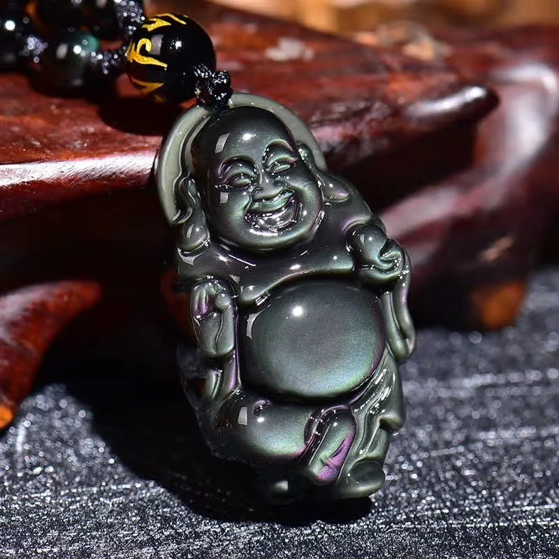 Natural Rainbow Obsidian Laughing Buddha Inner Peace Necklace Pendant - Image 2
