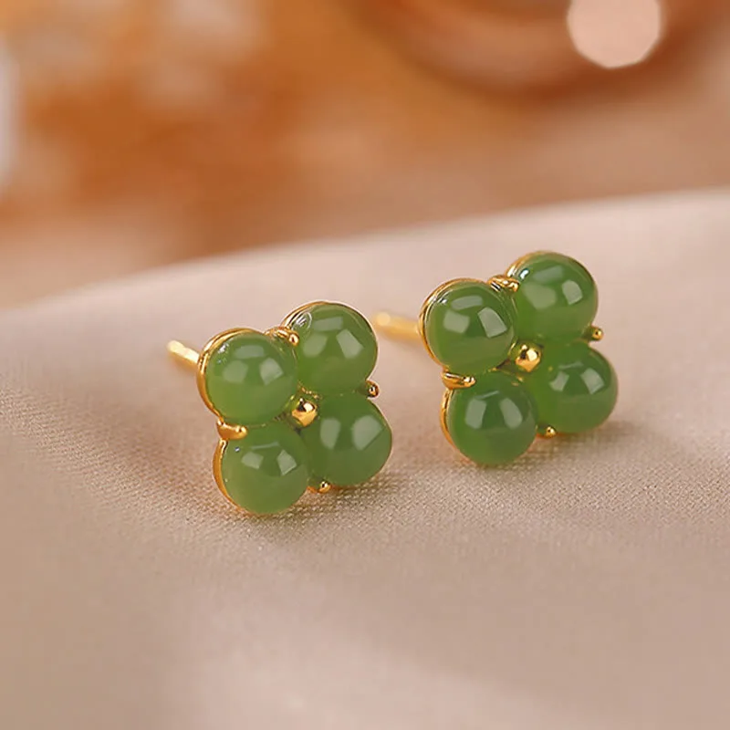 Mythstone 925 Sterling Silver Plated Gold Natural Cyan Jade Four Leaf Clover Luck Stud Earrings - Image 4