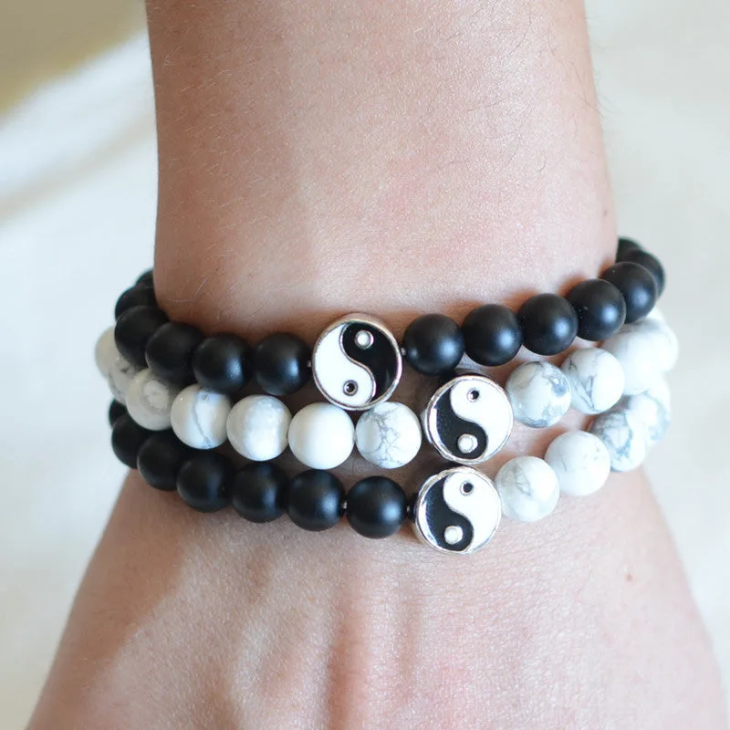 Mythstone 3pcs Natural White Turquoise Frosted Stone Bead Yin Yang Wealth Bracelet - Image 3