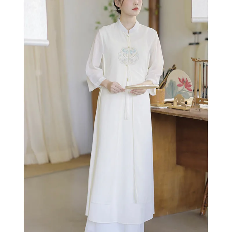 Mythstone Embroidery Chiffon Cheongsam Midi Dress Wide Leg Pants Meditation Zen Practice Clothing - Image 10