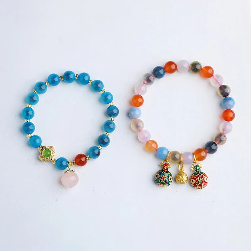 Mythstone Colorful Candy Agate Gold Swallowing Beast Family Peach Harmony Charm Bracelet - 图片 7