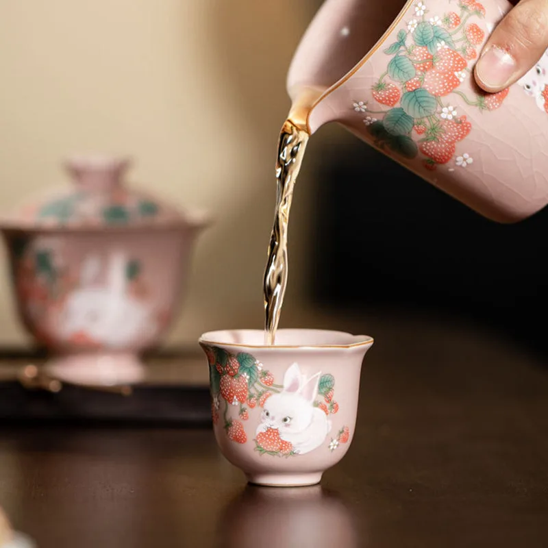 Mythstone Cute Strawberry Rabbit Flower Ceramic Teacup Kung Fu Tea Cup 55ml - Image 11