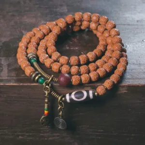 Mythstone 108 Mala Rudraksha Beads Bodhi Seed Dzi Bead Luck Auspiciousness Tassel Bracelet
