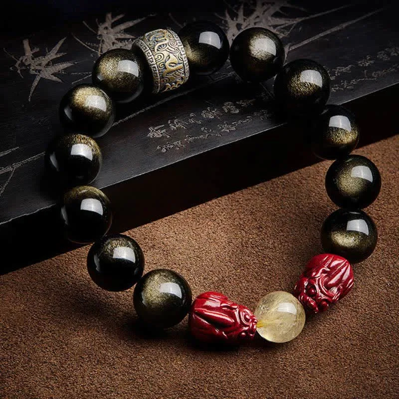 Mythstone Gold Sheen Obsidian PiXiu Cinnabar Om Mani Padme Hum Protection Bracelet - Image 2