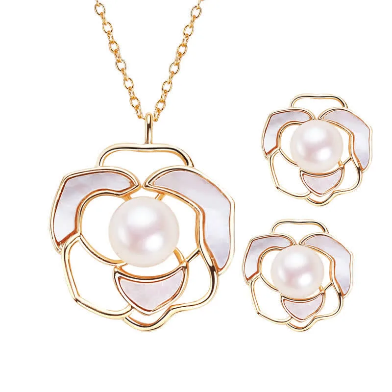 Mythstone 925 Sterling Silver Pearl Camellia Pattern Happiness Necklace Pendant Earrings - Image 5