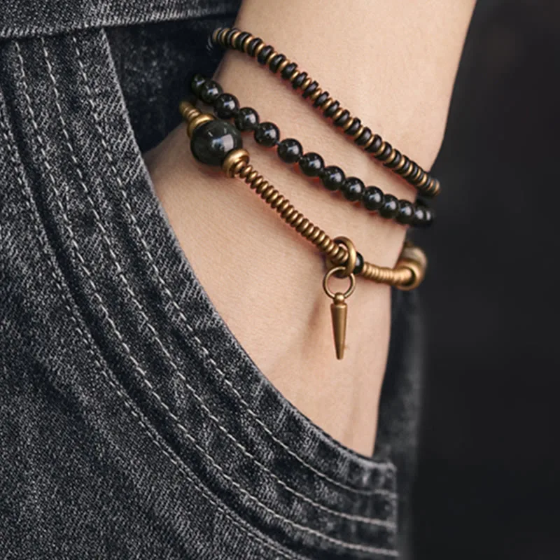 Mythstone Rainbow Obsidian Ebony Wood Copper Healing Triple Wrap Bracelet - Image 6