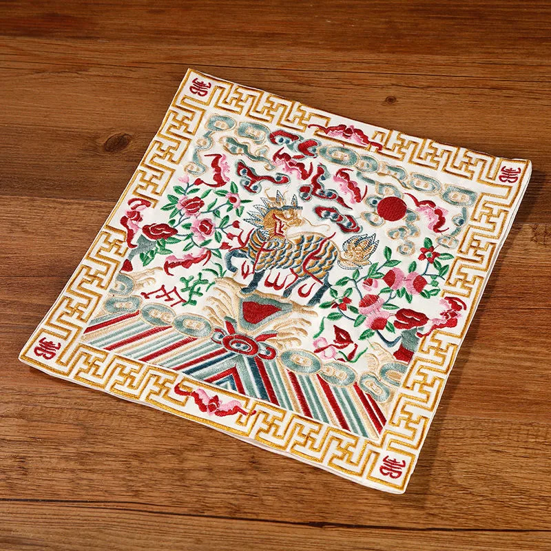 Mythstone Crane Phoenix Dragon Kirin Embroidered Cup Mat Pad Tea Cup Coaster Square Kung Fu Tea Mat - Image 33