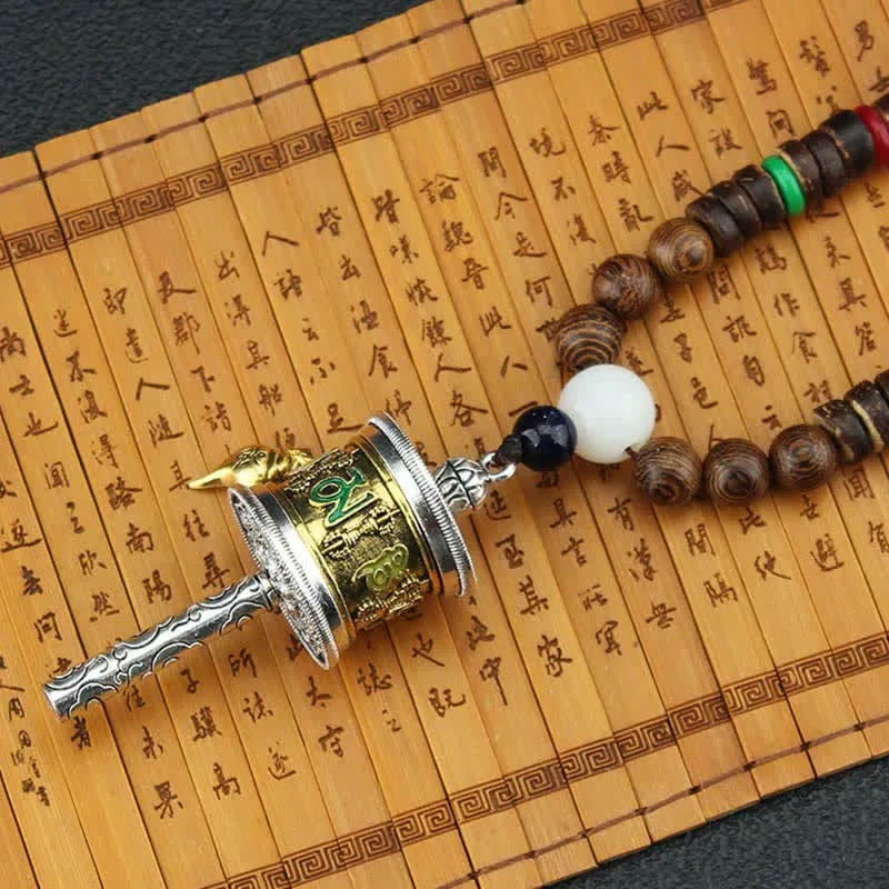 Mythstone Tibetan Om Mani Padme Hum Prayer Wheel Rotation Vajra Wood Necklace Pendant - Image 8