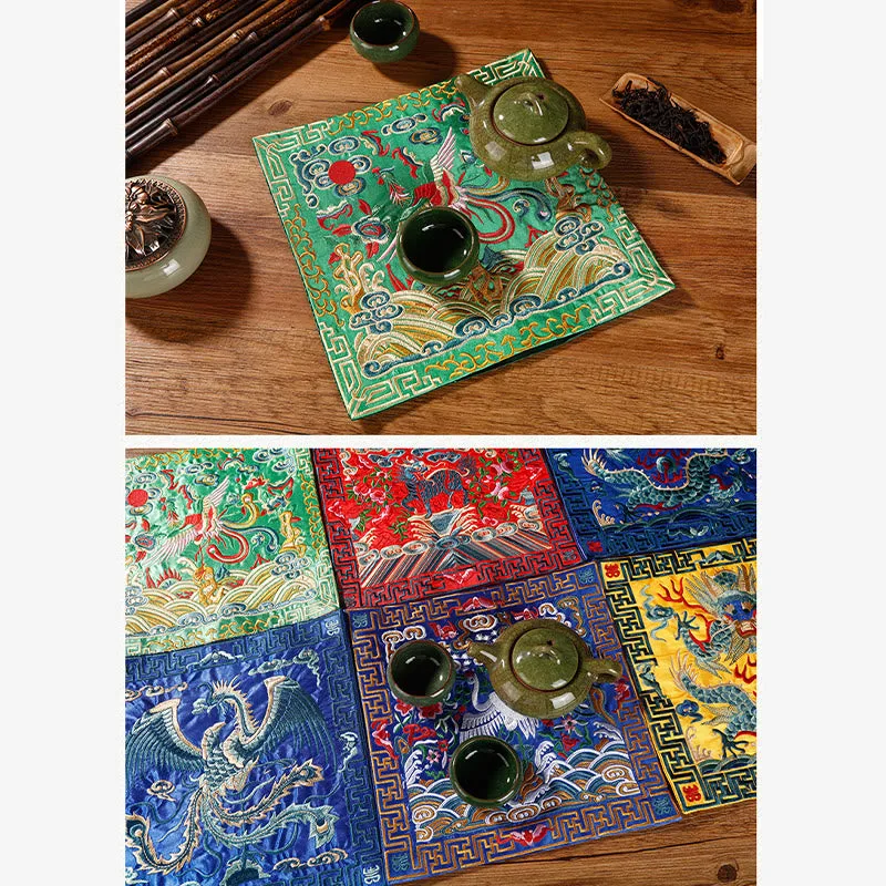 Mythstone Crane Phoenix Dragon Kirin Embroidered Cup Mat Pad Tea Cup Coaster Square Kung Fu Tea Mat - Image 39