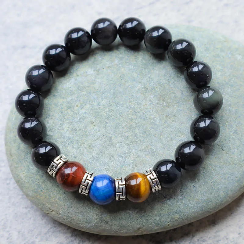 Natural Black Obsidian Tricolor Tiger Eye Strength Bracelet - Image 7