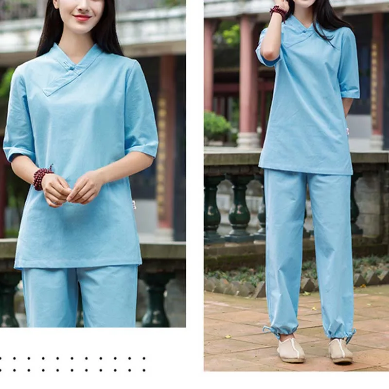 Mythstone 2Pcs Half Sleeve V-Neck Shirt Top Pants Meditation Zen Tai Chi Linen Clothing Women's Set - Image 22