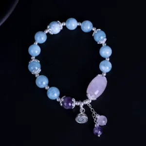 Mythstone 925 Sterling Silver Natural Aquamarine Amethyst Lotus Healing Charm Bracelet