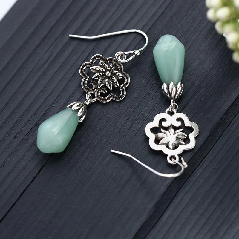 Mythstone Magnolia Flower Jade Water Drop Prosperity Dangle Earrings - Image 3