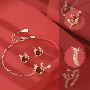 MythStone 925 Sterling Silver Year of the Dragon Cinnabar Red Agate Dragon Protection Bracelet Necklace Pendant Earrings Ring