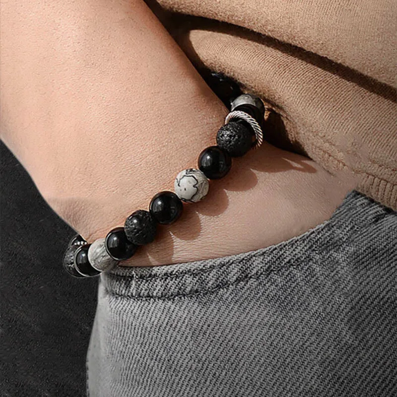Mythstone Vintage Lava Rock Black Obsidian Picasso Jasper Beads Support Rope Bracelet - Image 12