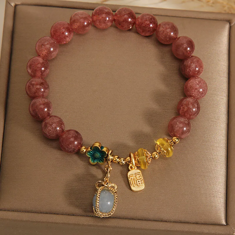 Mythstone Natural Strawberry Quartz Crystal Aquamarine Fortune Brand Love Bracelet - Image 5