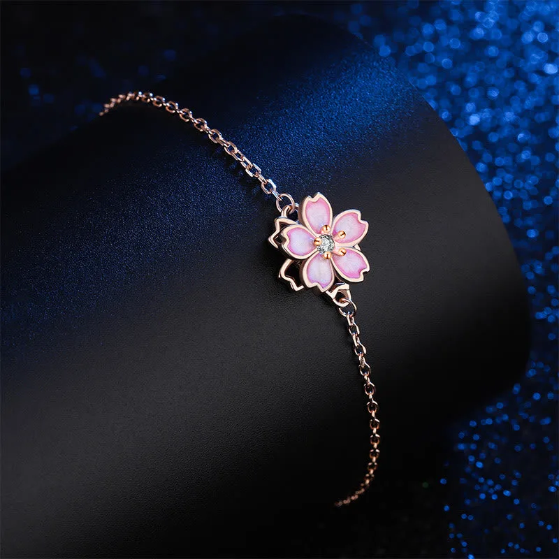 Mythstone 925 Sterling Silver Cherry Blossom Blessing Chain Bracelet Rotatable Ring - Image 5