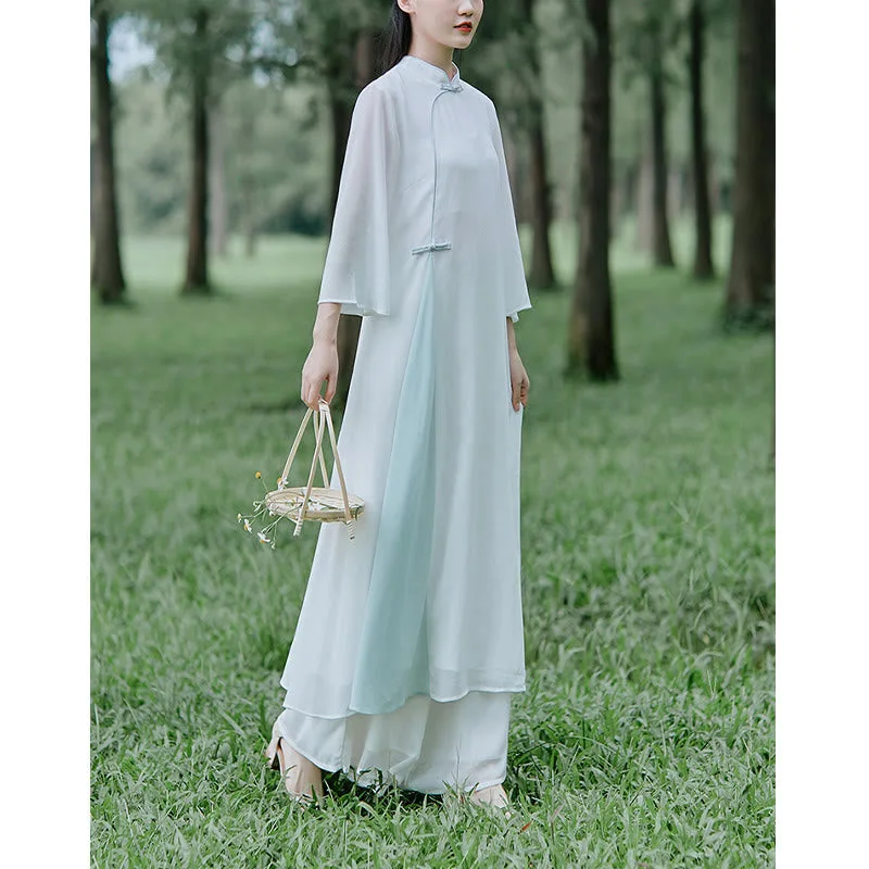 Mythstone Three Quarter Sleeve Chiffon Cheongsam Midi Dress Wide Leg Pants Meditation Zen Practice Clothing - Image 9