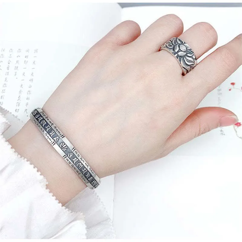 Mythstone Om Mani Padme Hum Heart Sutra Mantra Lotus Peace Meditation Cuff Bracelet Bangle - Image 6