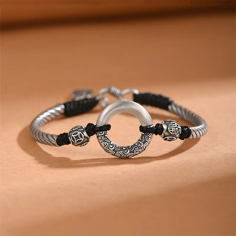 Mythstone 999 Sterling Silver Fu Character Peace Buckle Copper Coin Auspicious Clouds Fortune Bracelet