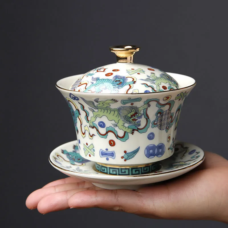 Mythstone Retro Plum Blossom Pine Bamboo Phoenix Kirin Ceramic Gaiwan Sancai Teacup Kung Fu Tea Cup and Saucer with Lid - Image 13