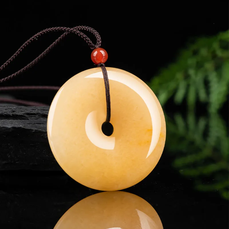 Mythstone Round Golden Silk Jade Peace Buckle Wealth Pendant Necklace - Image 2