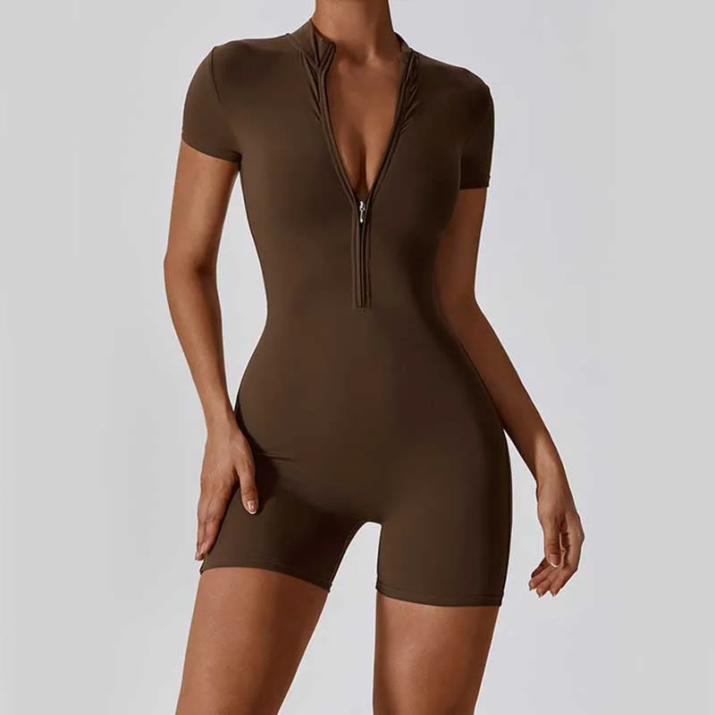 Mythstone High Stretch Zipper Short Sleeve Jumpsuit Sports Fitness Yoga Women Bodysuit - Image 25