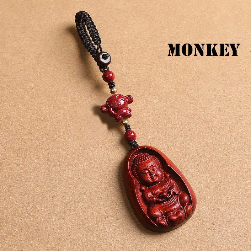 Mythstone Small Leaf Red Sandalwood Buddha Cinnabar Chinese Zodiac Amulet Protection Key Chain - Image 23