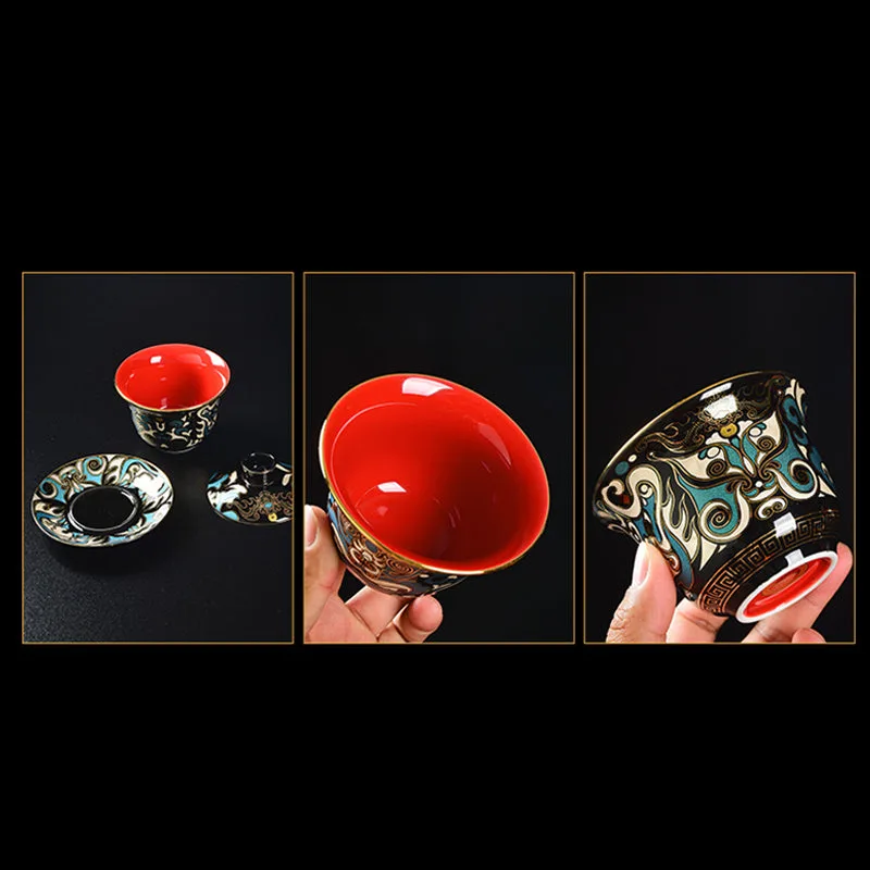 Mythstone Peking Opera Mask Pattern Ceramic Gaiwan Sancai Teacup Kung Fu Tea Cup And Saucer With Lid Teapot - Image 8