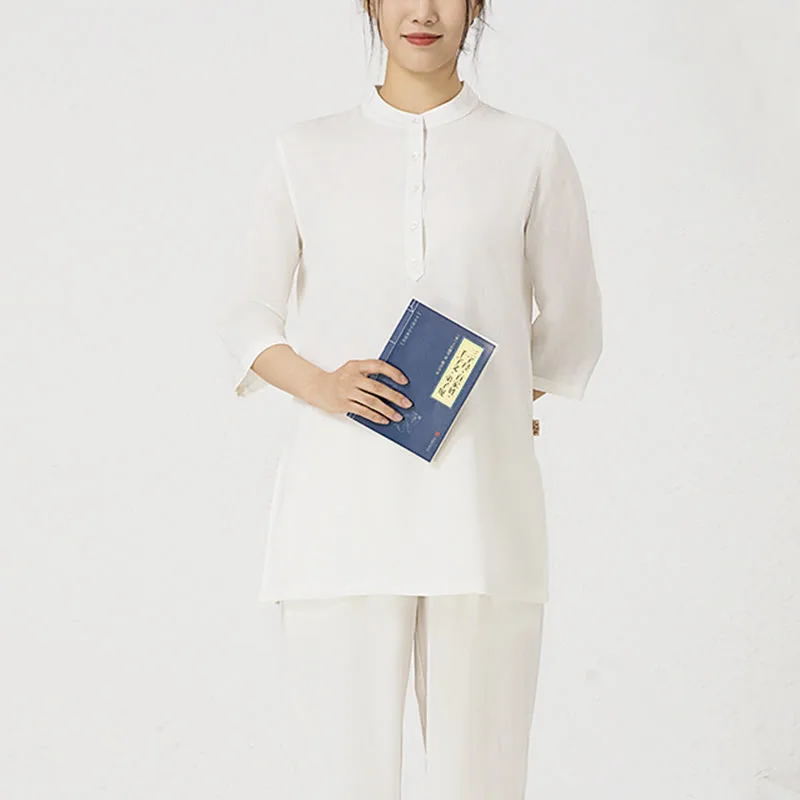 Mythstone 2Pcs Solid Color Three Quarter Shirt Top Pants Meditation Zen Tai Chi Cotton Linen Clothing Women's Set - Image 12